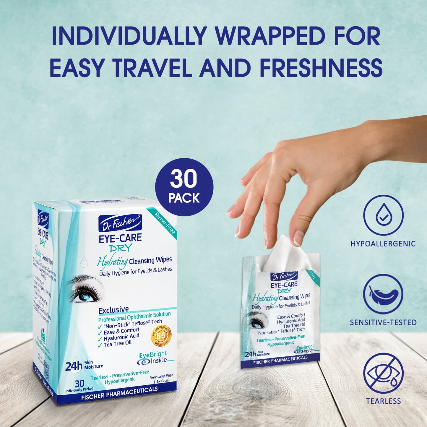 Dr. Fischer Tea Tree Eyelid Wipes - Gentle Eye Wipes for Everyday Eye Cleansing and Hypoallergenic Makeup Remover